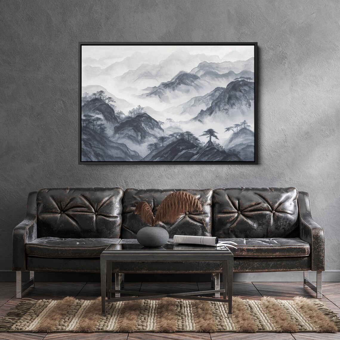 Foggy Mountain Landscape With Trees Painting Framed Print Ready To Hang