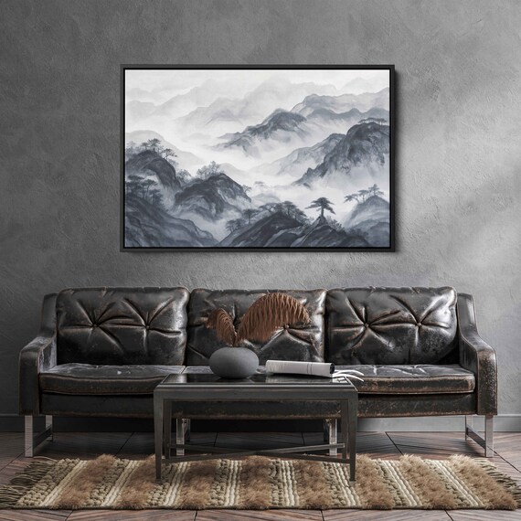 Foggy Mountain Landscape With Trees Painting Framed Print Ready To Hang