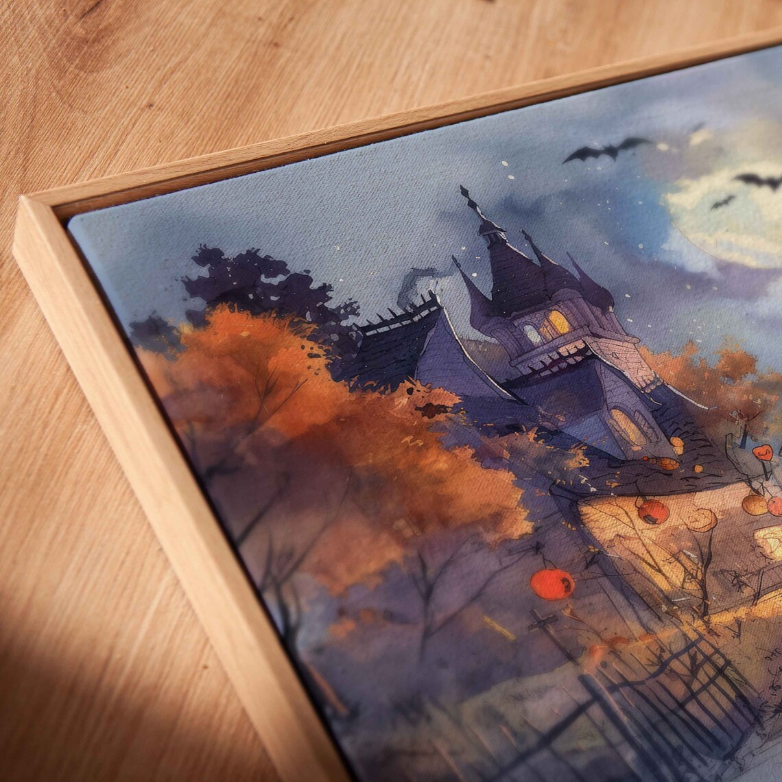 Halloween Night Village Square With Kids Lanterns Bats And Full Moon Wall Art - Image 2