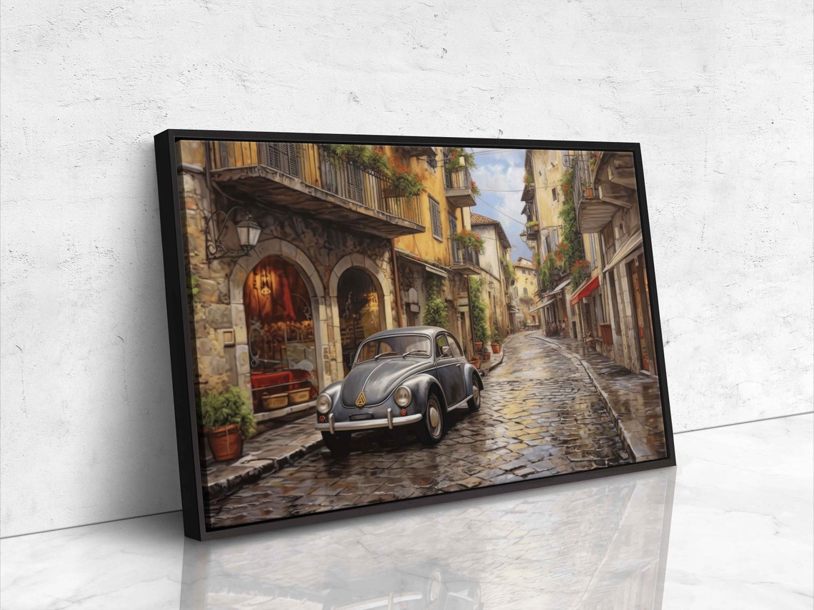 Vintage Blue Volkswagen Beetle Italian Cobblestone Street Poster - Image 4