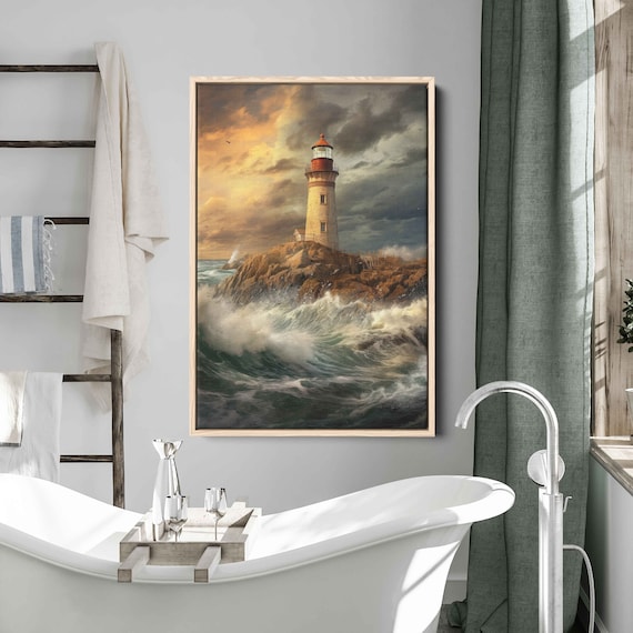 Stormy Lighthouse Rocky Cliff Golden Sky Waves Crashing Ocean Poster