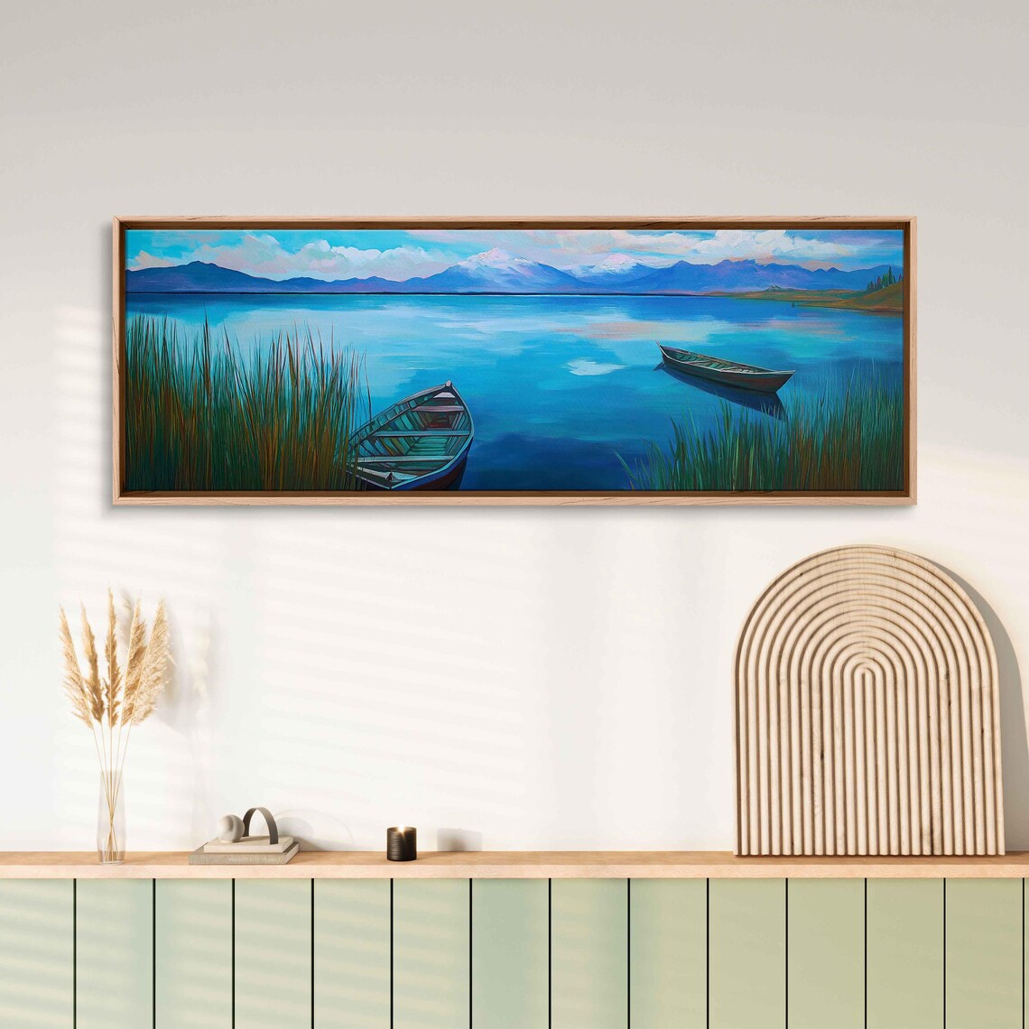 Lake Titicaca Acrylic Artwork Wall Art Print Reed Boats Surreal Colors Mountains