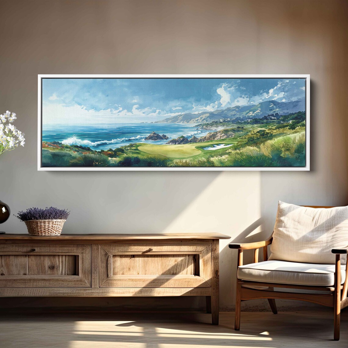 Seaside Golf Course Panoramic Watercolor Coastal Green Sports Wall Art - Image 3