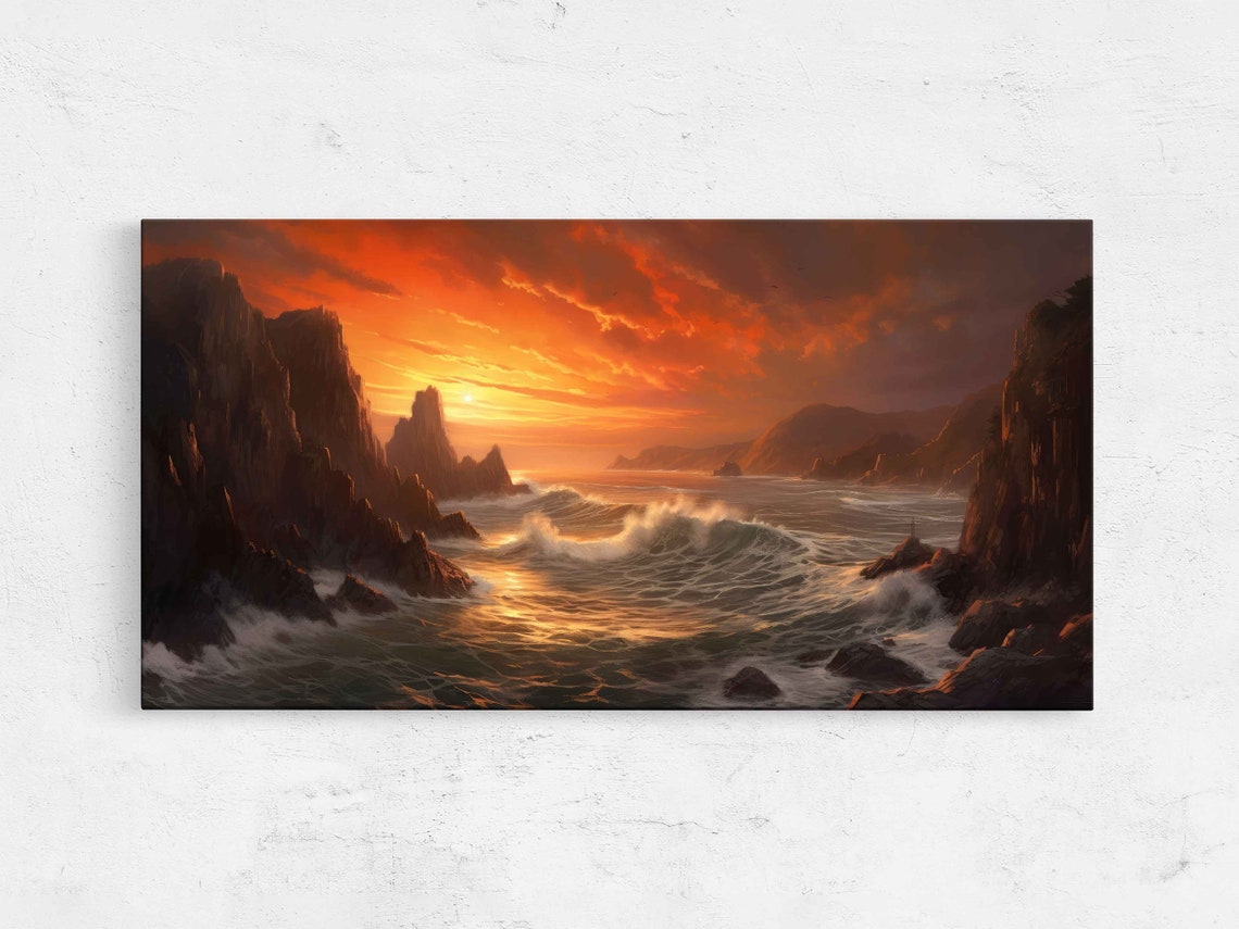 Golden Sunset Waves Breaking Between Rocky Cliffs Seascape Art Poster