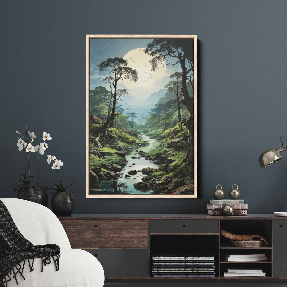 Sunlit Forest Stream Tranquil Nature Painting Framed Print Ready To Hang - Image 2
