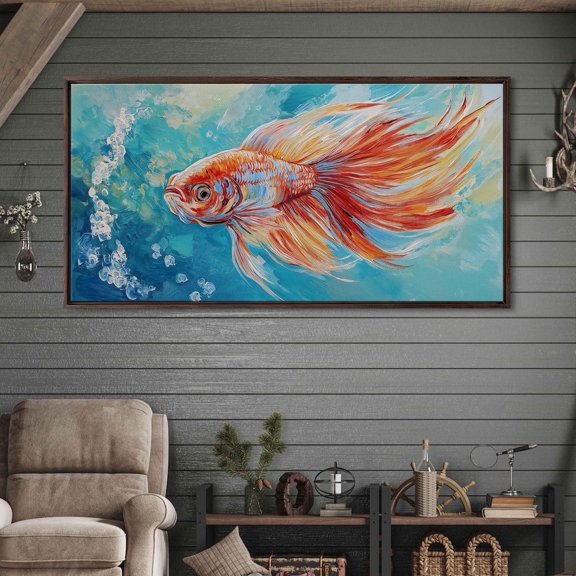 Vibrant Betta Fish Bubbles Flowing Fiery Fins Acrylic Art Poster
