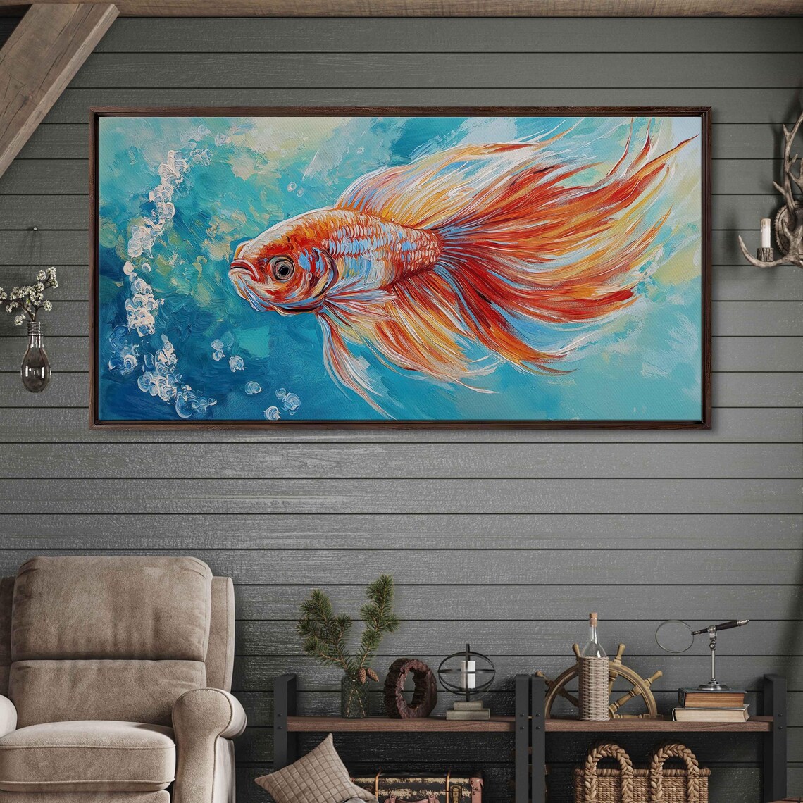 Vibrant Betta Fish Wall Art Print Expressive Acrylic Painting Flowing Fins Dynamic Movement