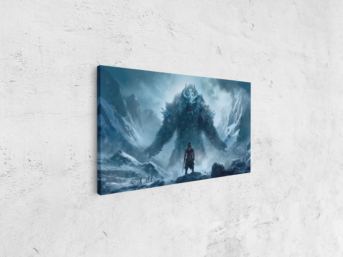 Barbarian Warrior Facing Giant Snow Yeti Frozen Mountain Art Poster - Image 4