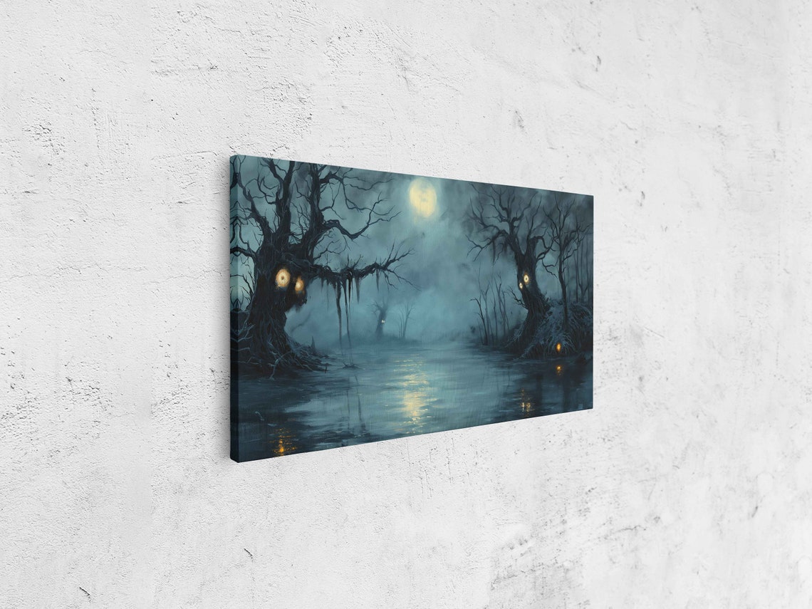 Misty Swamp Foggy Night Glowing Eyes Spooky Halloween Wall Art - Image 4