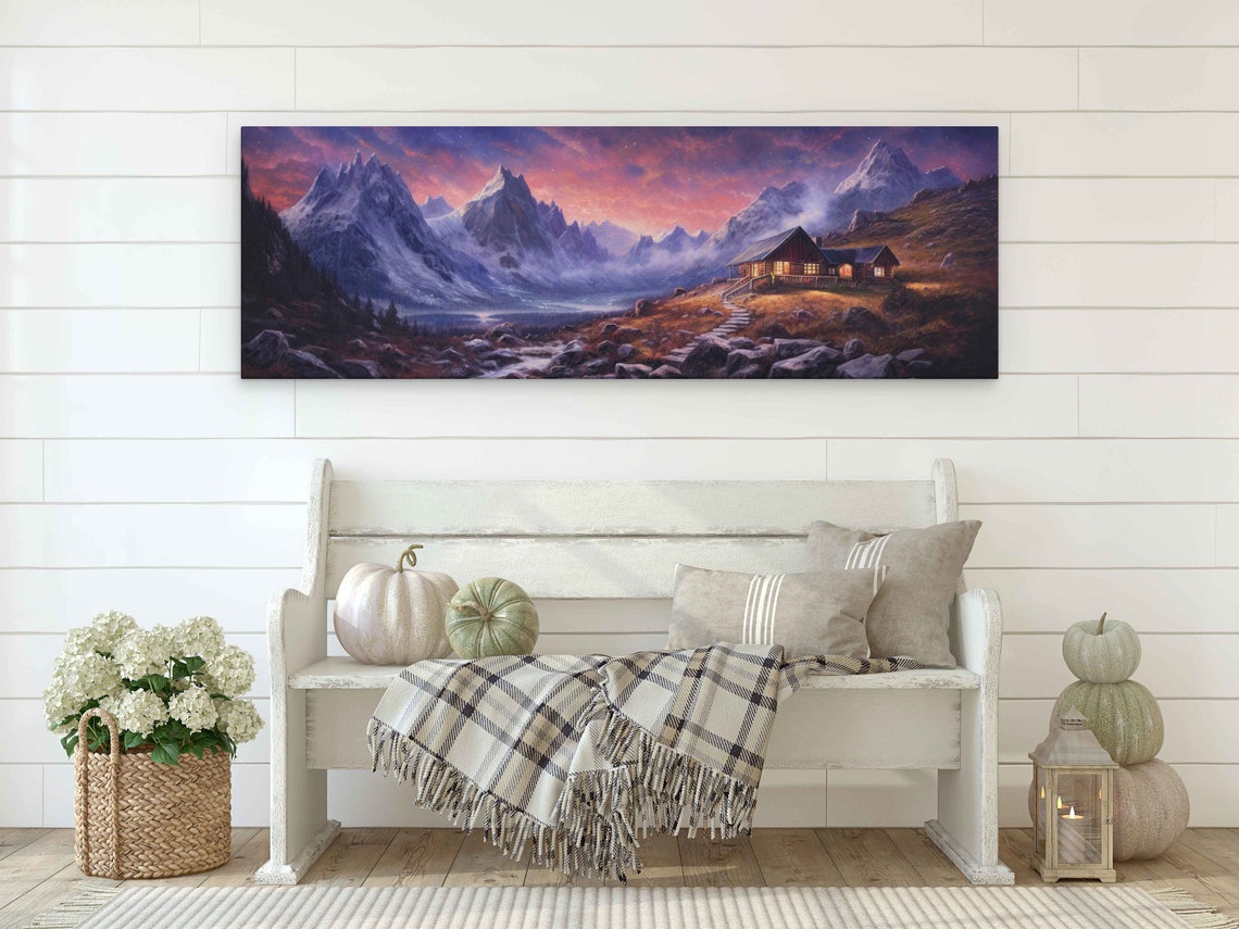Alpine Cabin at Twilight Pink Sky Snowy Peaks Night Painting Poster - Image 2