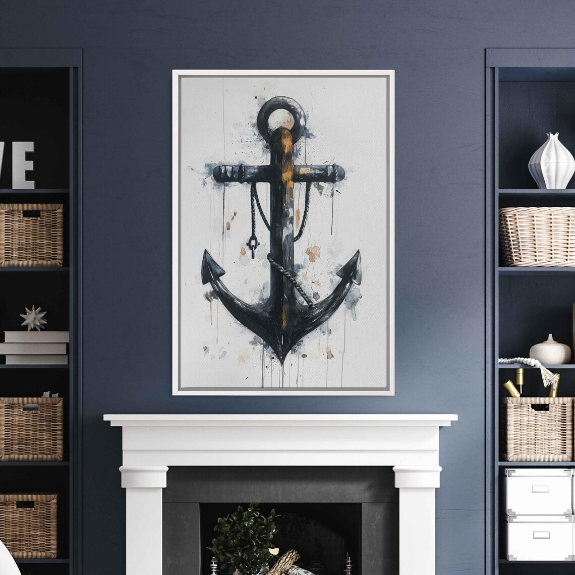 Black Anchor Gold Accent Watercolor Nautical Splash Painting Poster