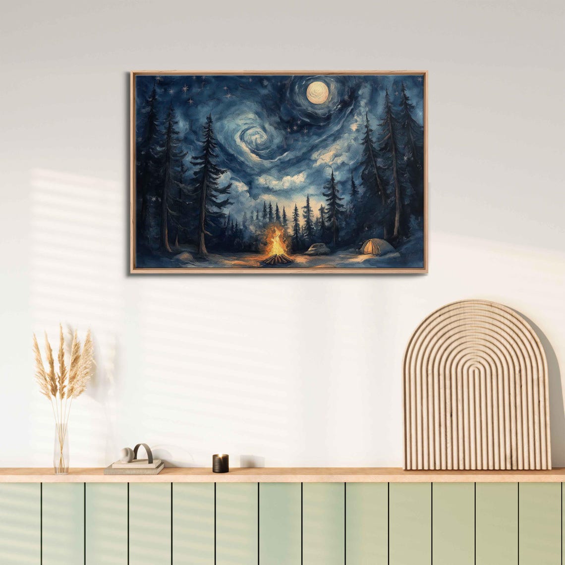 Moonlit Campsite Wall Art Print Watercolor Painting Glowing Campfire Starry Night Sky - Image 3