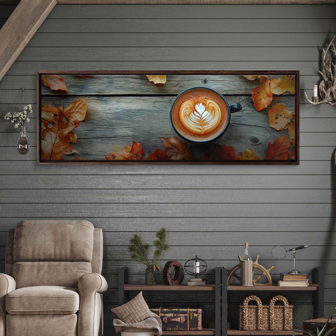 Latte Art Cup On Weathered Wood With Fall Leaves Photo Art Print
