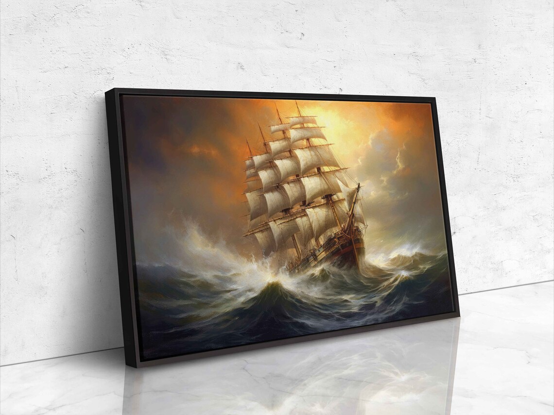 Majestic Tall Ship Stormy Ocean Sunset Sailing Vessel Waves Nautical Print - Image 4