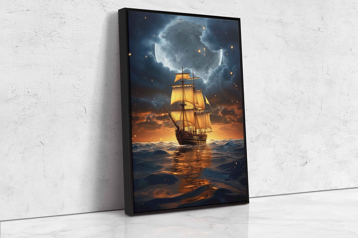 Tall Sailing Ship Full Moon Golden Sails Moonlit Ocean Adventure Poster - Image 4