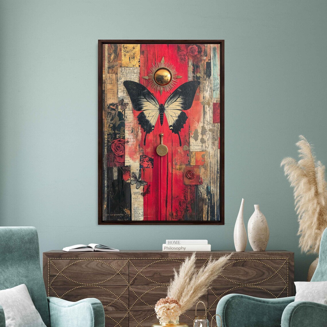 Butterfly Collage Black Wings Red Junk Journal Gold Sun Art Print