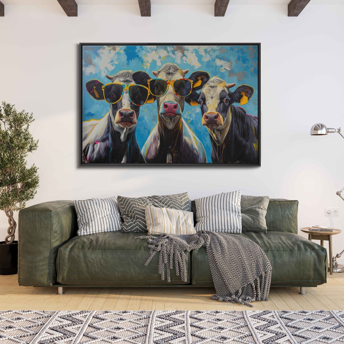 Three Swag Cows Wearing Colorful Sunglasses Blue Background Poster