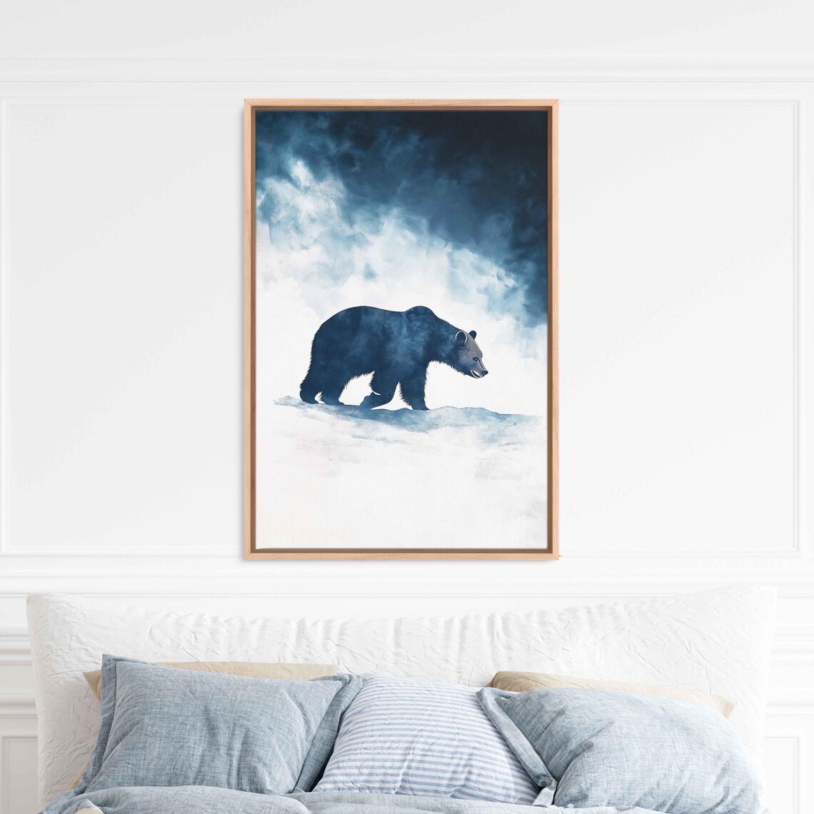 Grizzly Bear In Snowy Landscape Minimal Navy Watercolor Serene Poster