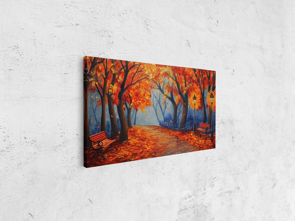 Autumn Park With Red Benches And Street Lamps Oil Painting Poster - Image 4