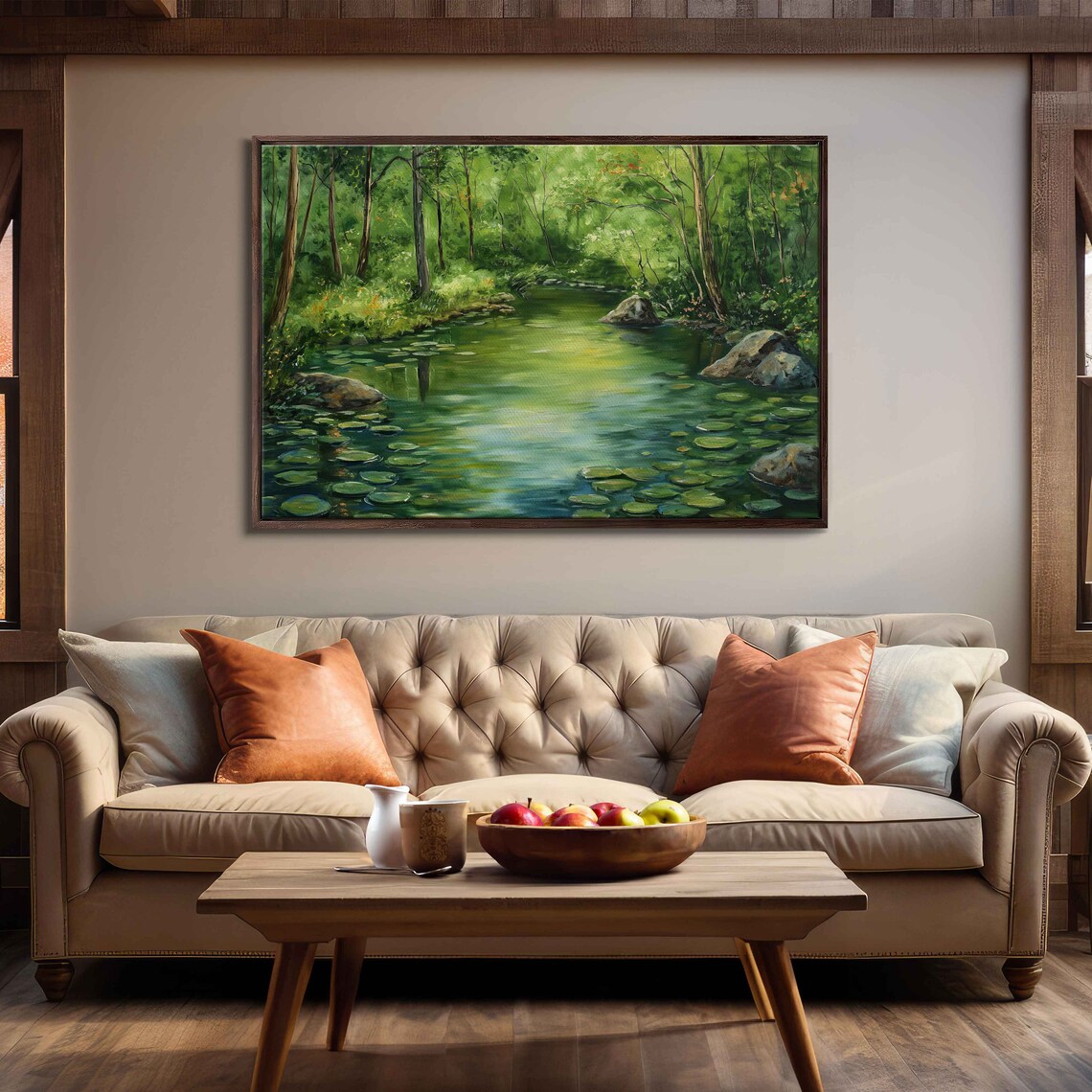 Tranquil Lake Inside Forest Painting Lily Pads Lush Greenery Wall Art Print Ready To Hang - Image 3