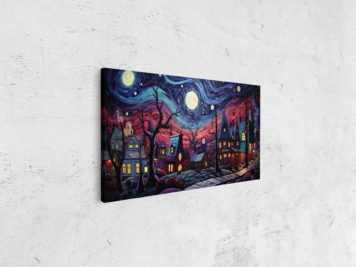 Starry Night Village Swirling Purple Sky Glowing Windows Fantasy Art Poster - Image 4