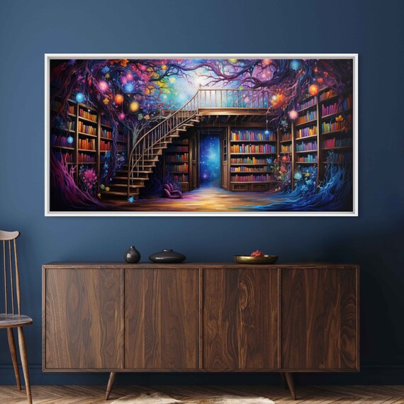 Colorful Library Fantasy Art Print, Reading Nook Decor