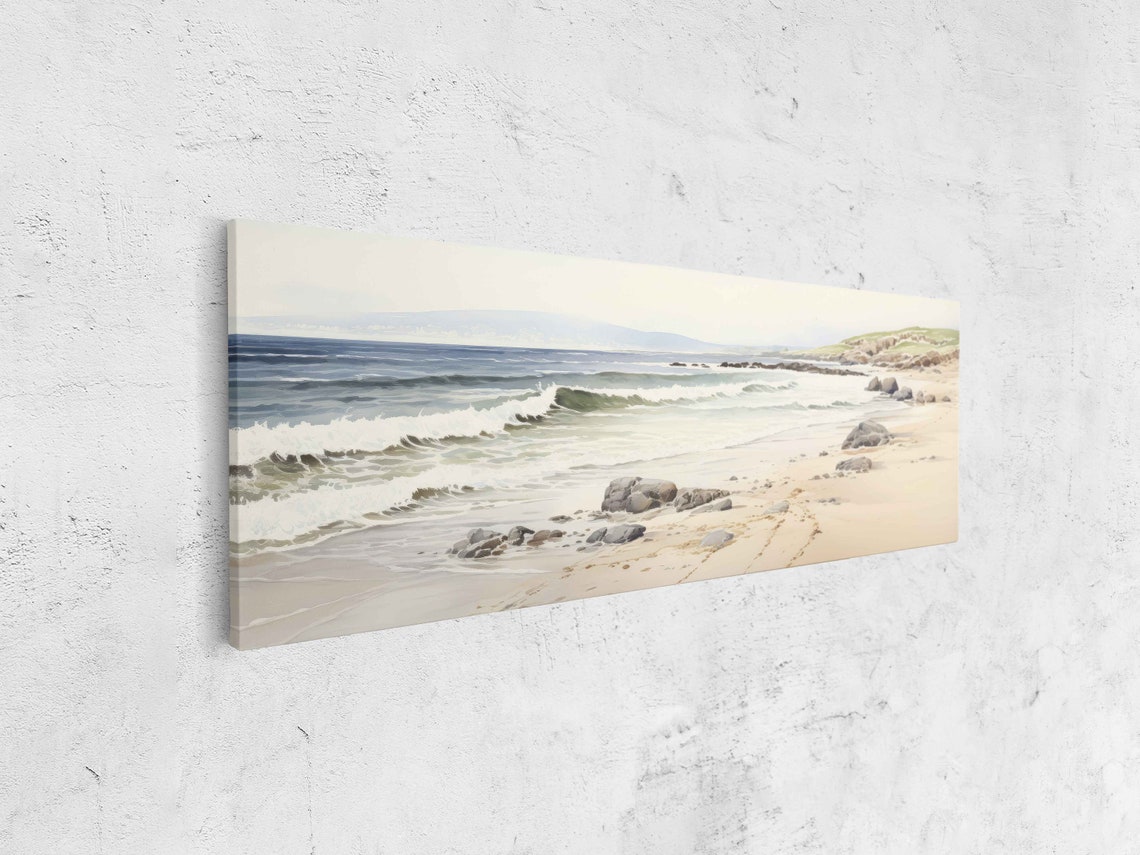 Serene Sandy Beach Watercolor With Soft Waves And Rocky Shores Poster - Image 4