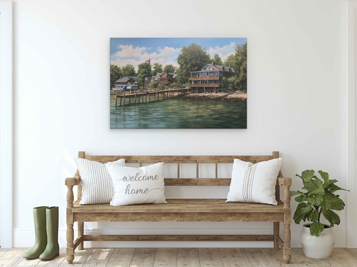 Put In Bay Ohio Lakefront Cottages Wooden Dock Boathouse Painting Poster - Image 2