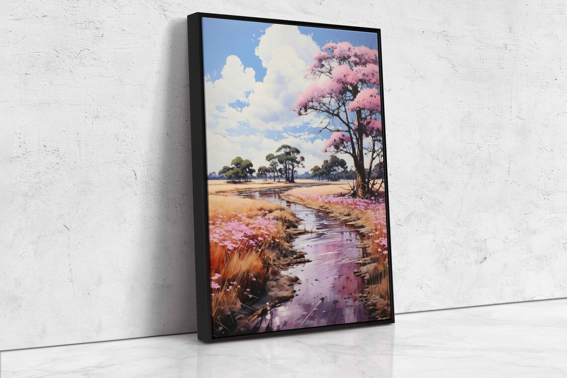 Pink Trees River Valley Landscape Painting Impressionist Art Cloudy Skies Framed Print Ready To Hang - Image 4