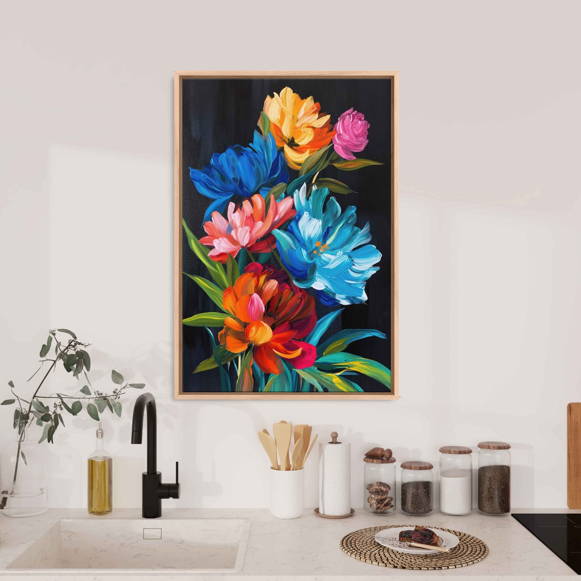 Bold Floral Bouquet Midnight Black Blue Orange Pink Blooms Poster - Image 3