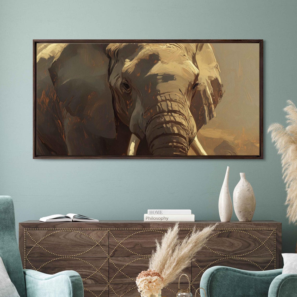 Elephant Closeup Desert Golden Light Painterly Wall Art Print