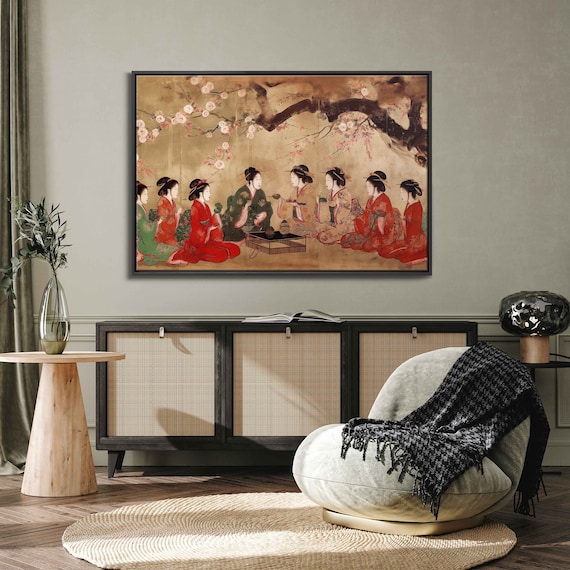 Japanese Geishas In Kimono Under Cherry Blossom Tree Wall Art Print Asian Style Painting Japan Poster Ready To Hang