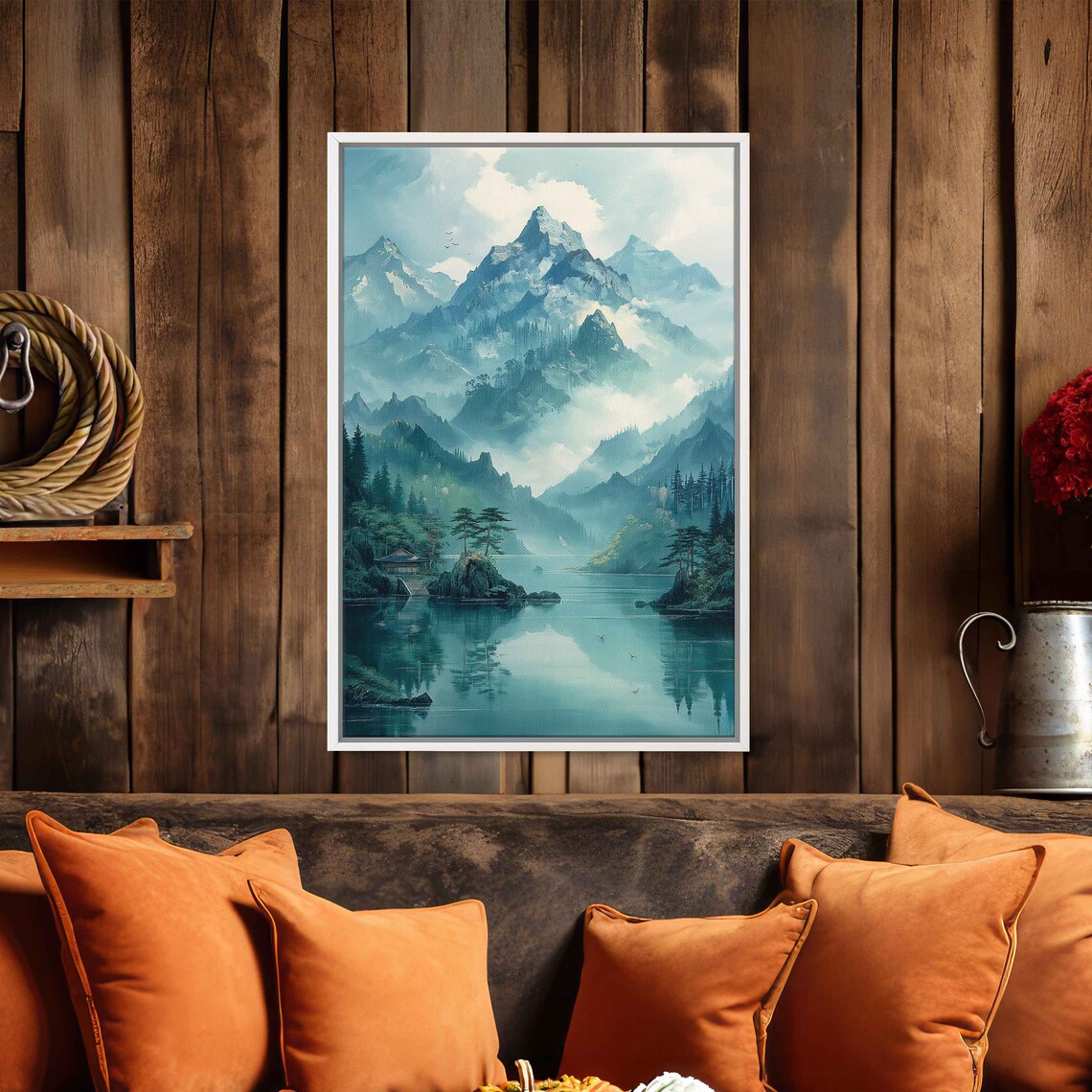 Asian Pagoda Misty Mountains Lake In Forest Painting Framed Print Ready To Hang - Image 2