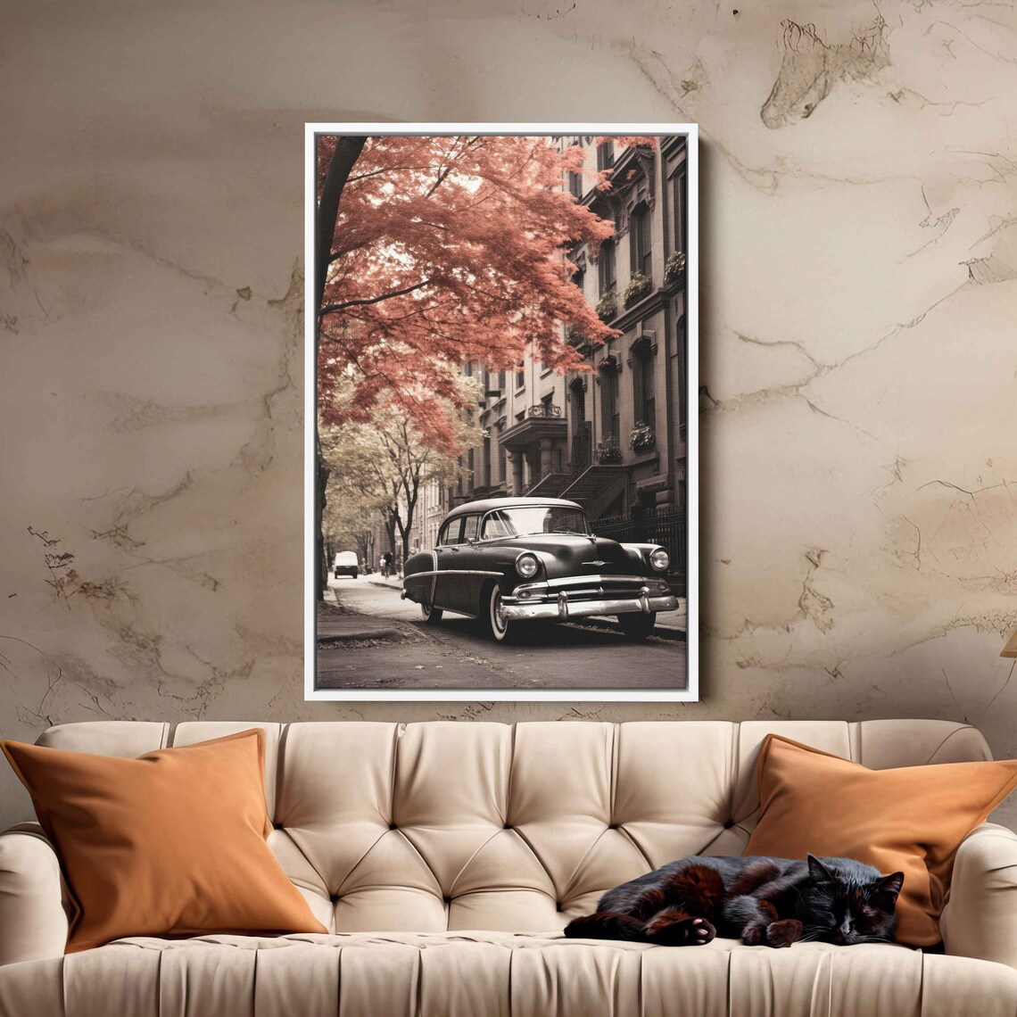 Vintage Black Sedan Brownstone Street Autumn Red Trees Photo Poster - Image 3