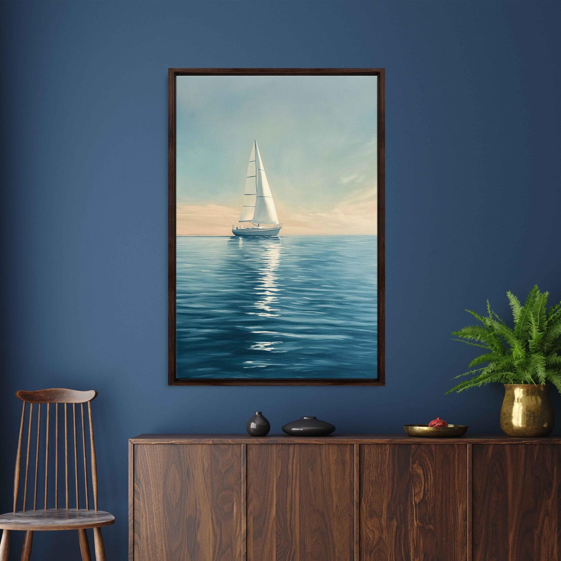 Lone Sailboat On Glassy Calm Sea Under Soft Pastel Sunset Sky Poster - Image 3
