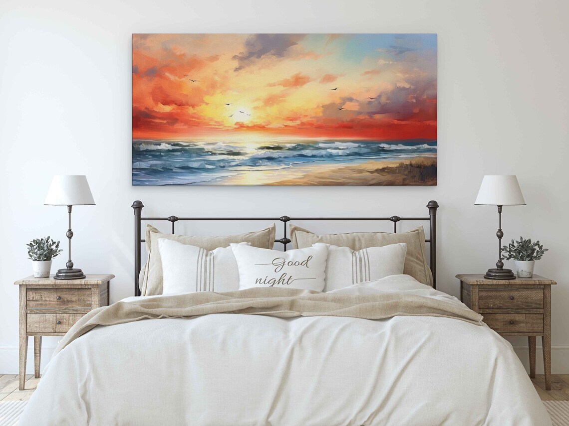 Beach Sunset Red Golden Sky Waves Oil Painting Wall Art Poster - Image 2