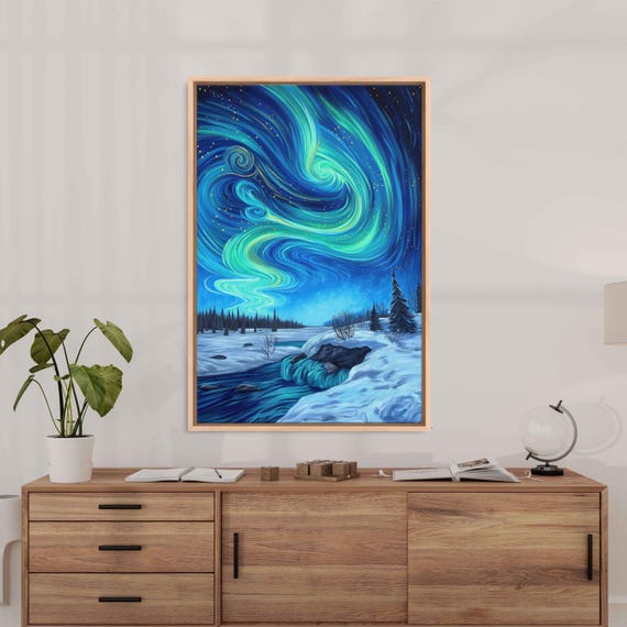 Stunning Northern Lights In Sky Over Snowy Landscape Acrylic Wall Art Print Van Gogh Inspired Starry Night Sky Ready To Hang