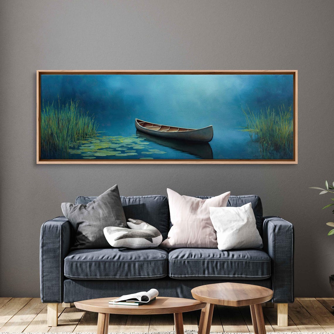 Solitary Canoe On Misty Blue Lake Lily Pads Atmospheric Art Poster - Image 3