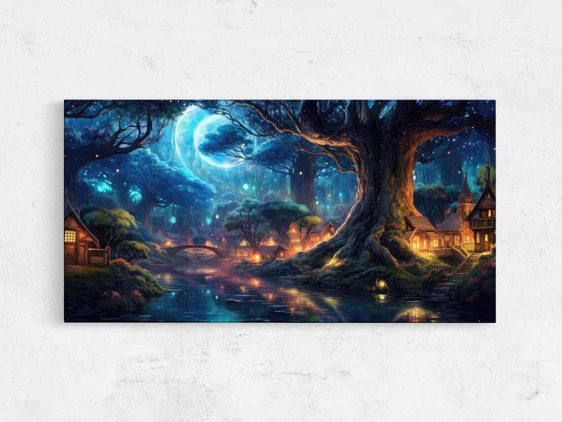 Moonlit Enchanted Forest Village River Starry Night Fantasy Landscape Poster