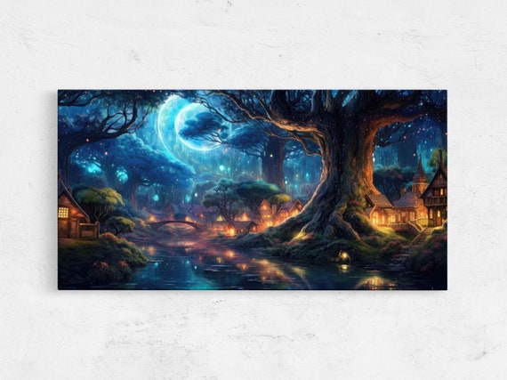 Moonlit Twilight Village Starry Sky Colorful Painting Framed Print Ready To Hang Enchanted Village