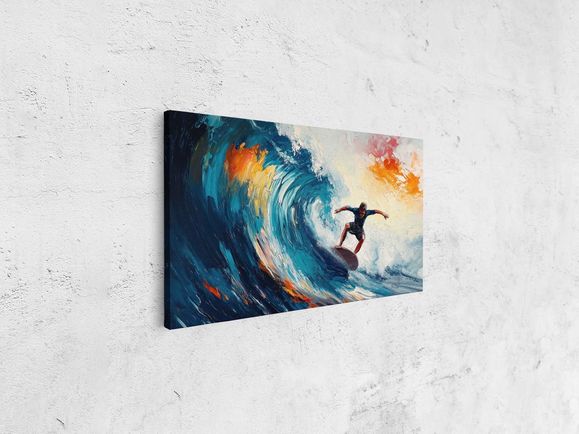 Surfer Catching Wave At Sunset Wall Art Print Gift For Surfer Blue Water Vibrant Colors Ready To Hang - Image 4