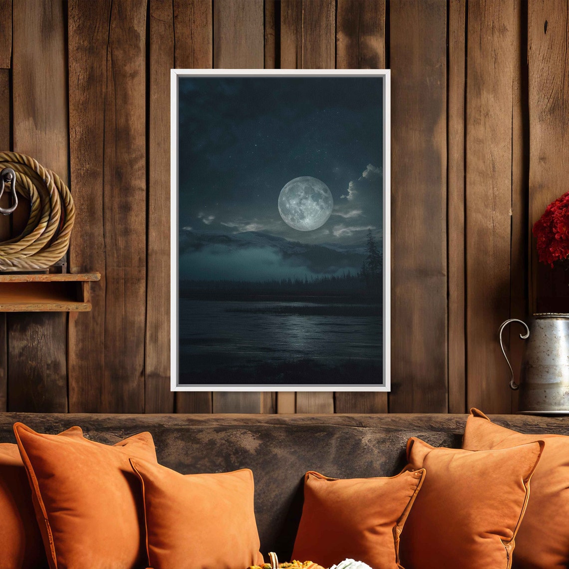 Full Moon In Night Sky Calm Dark Waters Wall Art Print Ready To Hang - Image 3