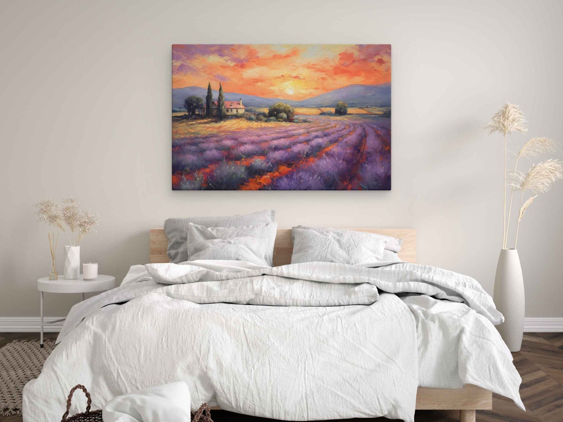 Lavender Field Sunset Farmhouse Impressionist Purple Rows Art Poster - Image 3