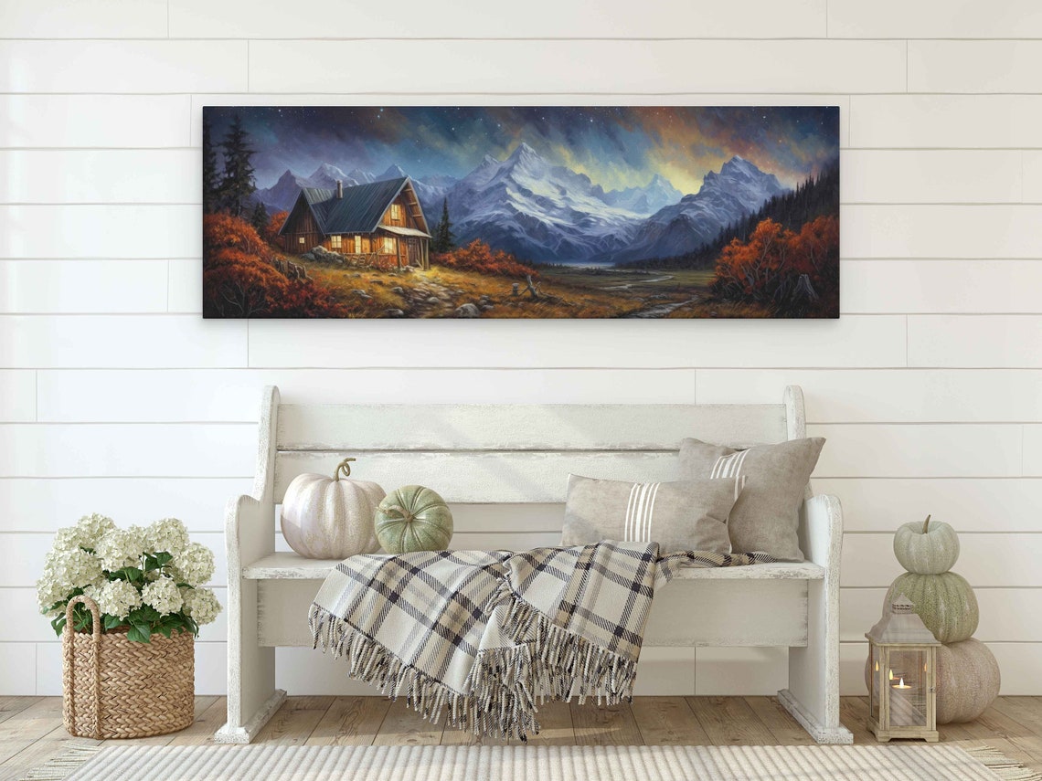 Rustic Cabin at Dusk Autumn Foliage Snowy Mountain Peaks Wall Poster - Image 2
