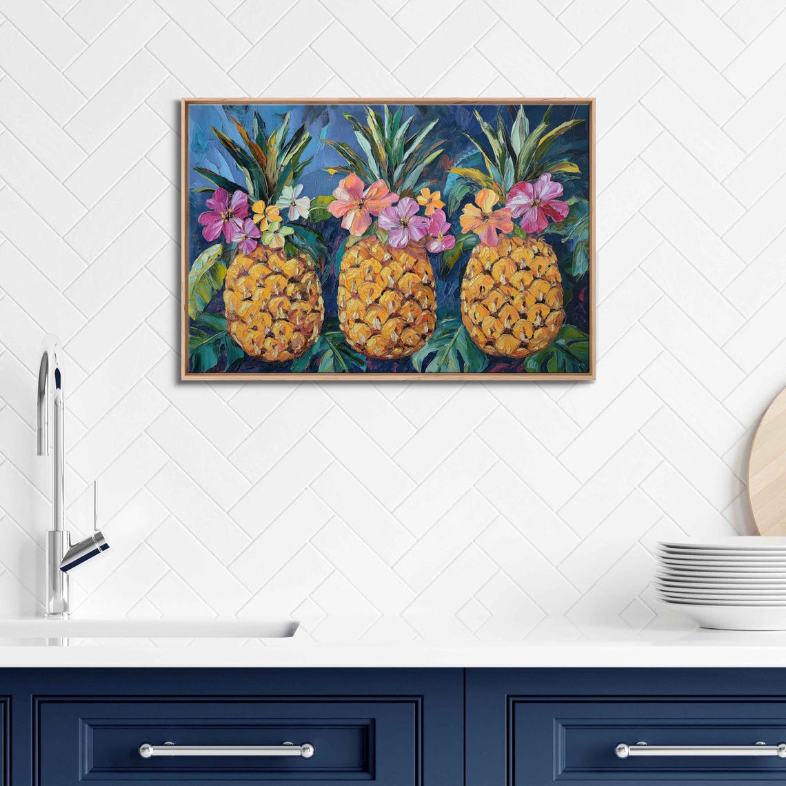 Tropical Pineapples Hibiscus Flowers Colorful Kitchen Art Poster