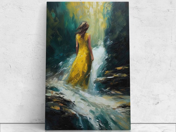 Woman In Dress Walking In River Oil Painting Print On Ready To Hang Textured Painting