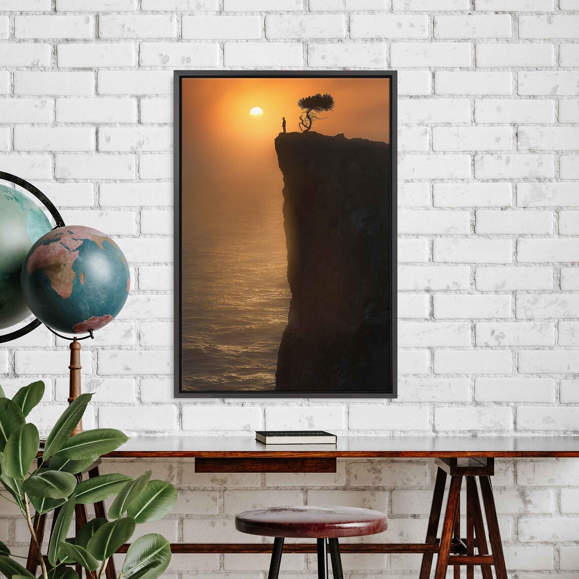 Lone Figure On Cliff Edge With Tree Silhouette Over Ocean Sunset Wall Art - Image 3