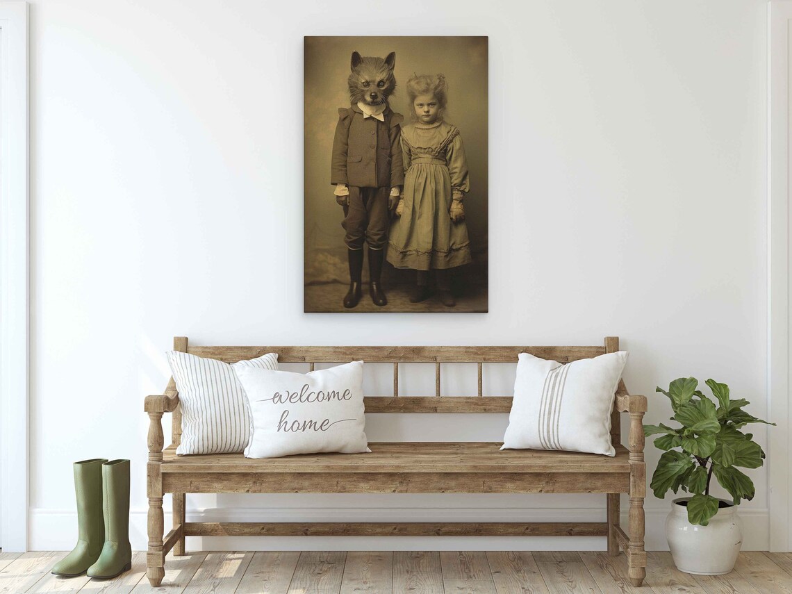 Vintage Sepia Photograph Child In Wolf Costume With Girl Halloween Print - Image 3