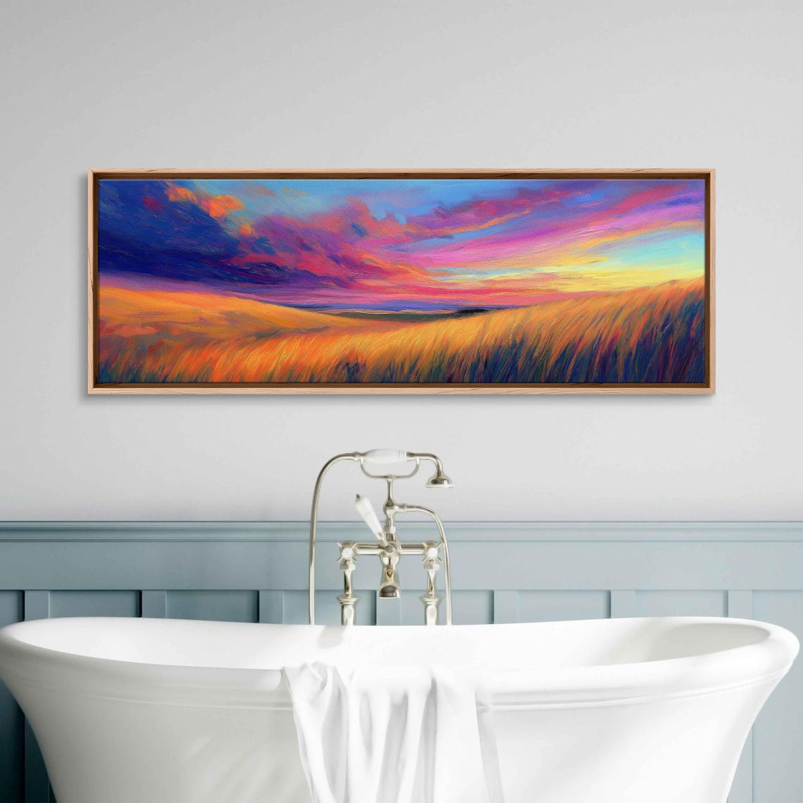 Wide Golden Wheat Field Sunset Panoramic Landscape Painting Poster - Image 3