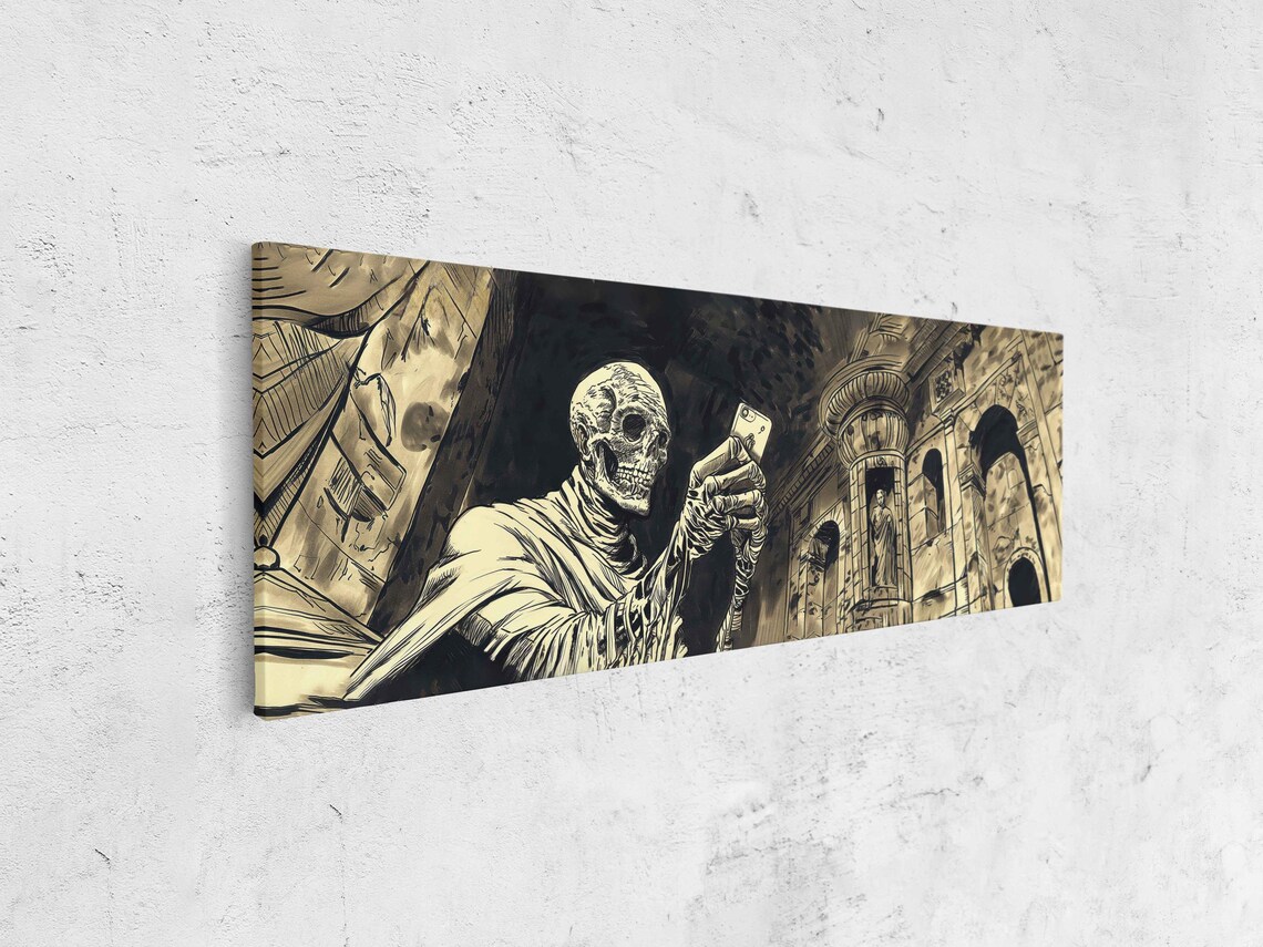 Funny Skeleton Taking Selfie With Smartphone In Ancient Crypt Ink Poster - Image 4
